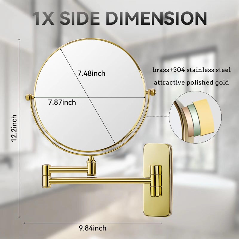 Nicesail Makeup Mirror, Wall Mounted 7X Magnifying Mirror Vanity Mirror for Bathroom, Extendable Swivel, Brass and 304 Stainless Steel Material for Hotel or Home, Gold Finish (8 Inch, 7X) - Image 4